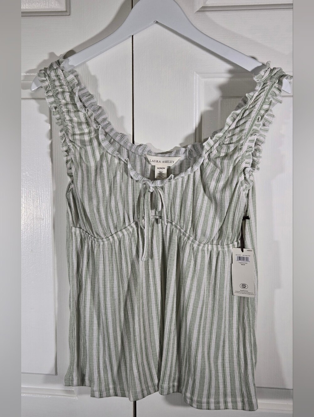 NWT Laura Ashley Green Stripe Ruffle Sleeveless Peplum Top M